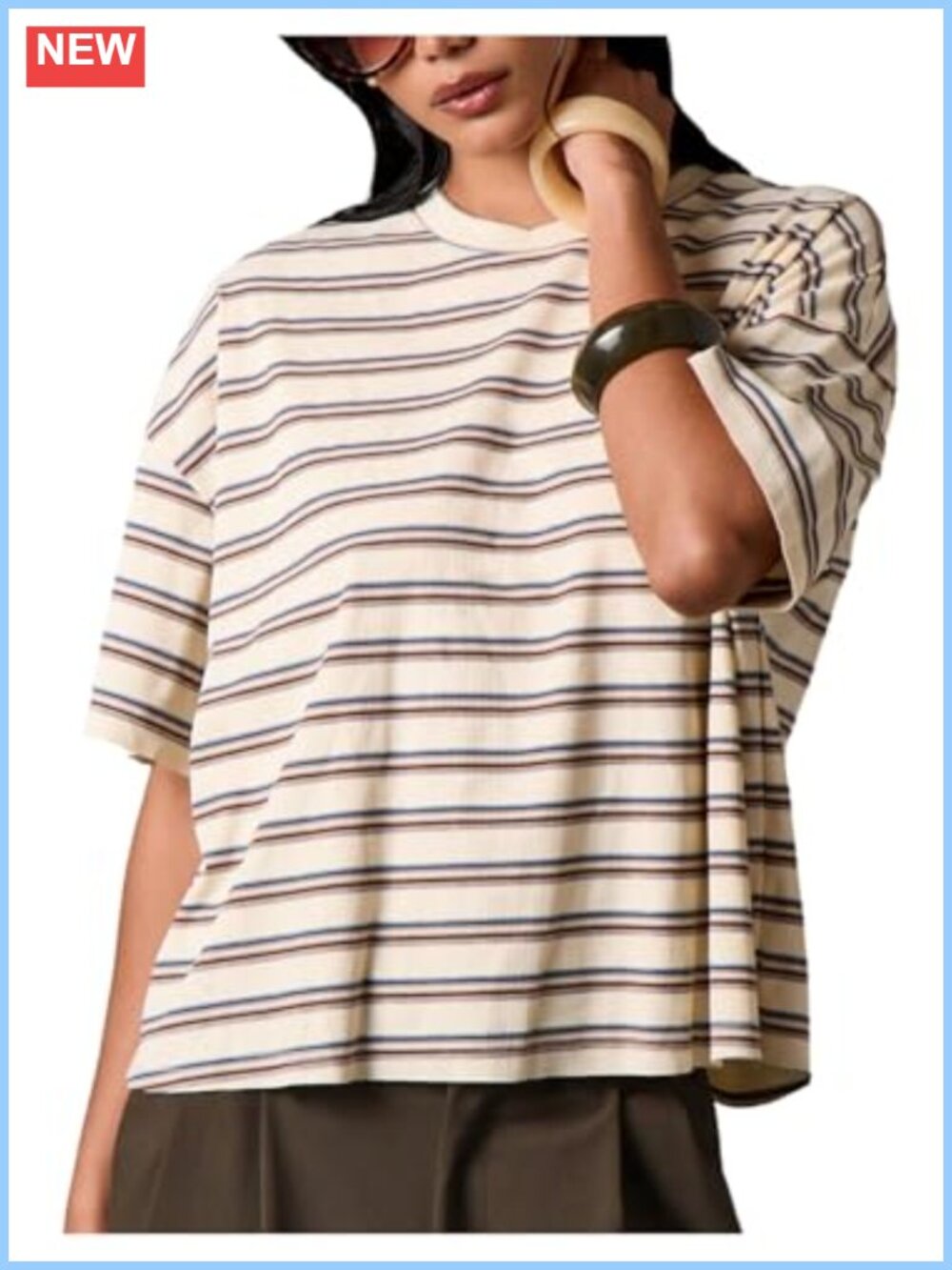 Striped Ribbed Knit Oversized T-Shirt Crew Neck Short Sleeve Going Out Top